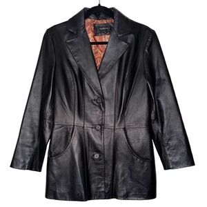 Colebrook Classics Womens Black Leather Blazer Jacket Button Front Lined‎ Medium